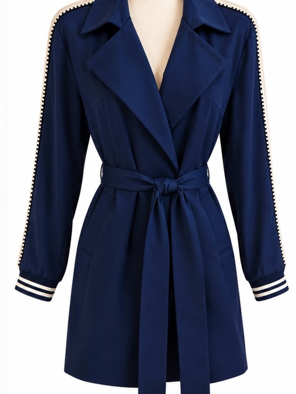 Navy Belted Trench Coat with Stripe Sleeve Detail